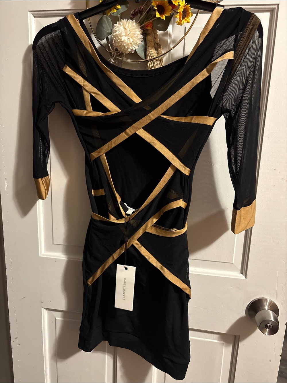 Dance & Marvel Black Mini Dress with Gold Straps